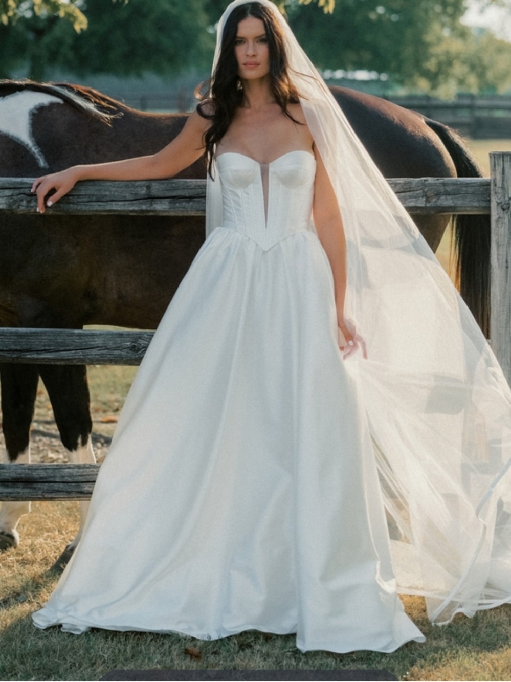NWT Watters Carina Strapless Plunged Basque-Waist Fit & Flare Satin Wedding Gown